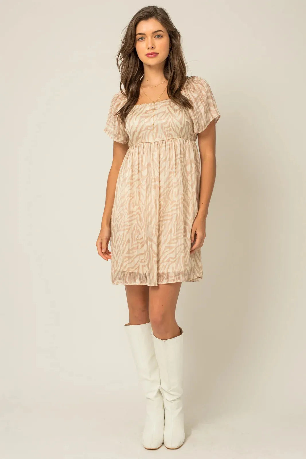 Short Sleeve Square Neck Gold Abstract Dress - Tasha Apparel Wholesale