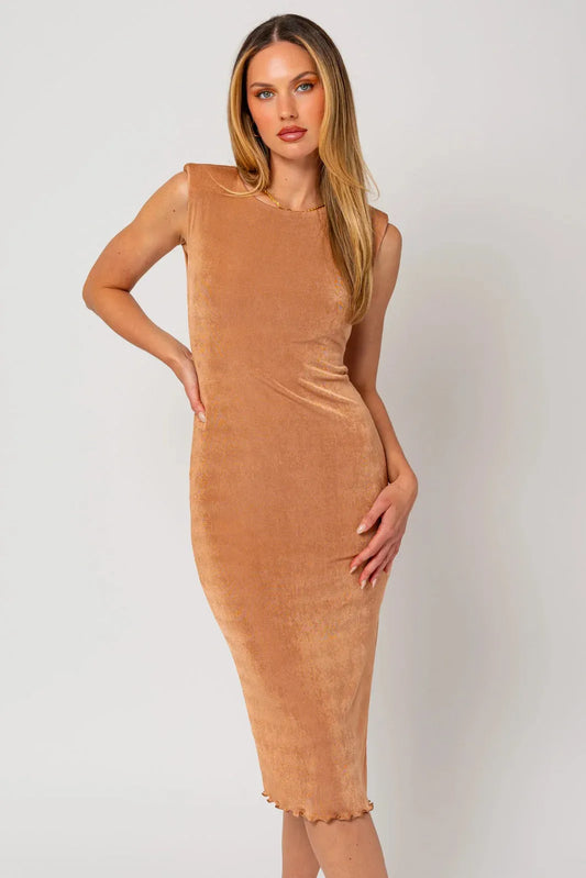 Padded Cap Sleeve Shimmer Midi Dress - Tasha Apparel Wholesale