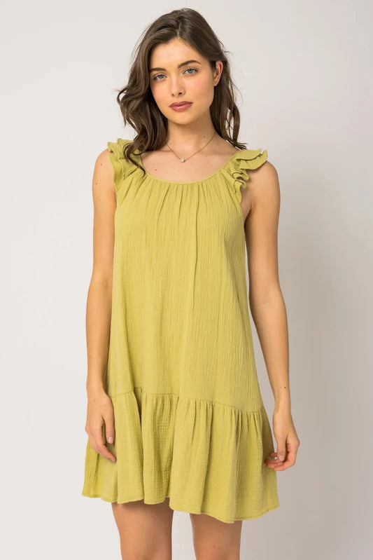 Sleeveless Ruffle Shoulder Shirring Dress - Tasha Apparel Wholesale