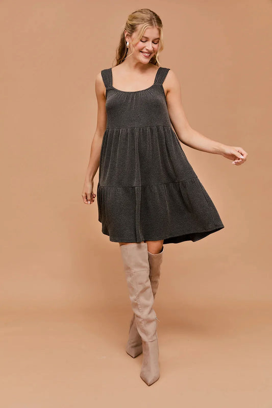 Sleeveless Tiered Side Pocket Rib Mini Dress - Tasha Apparel Wholesale