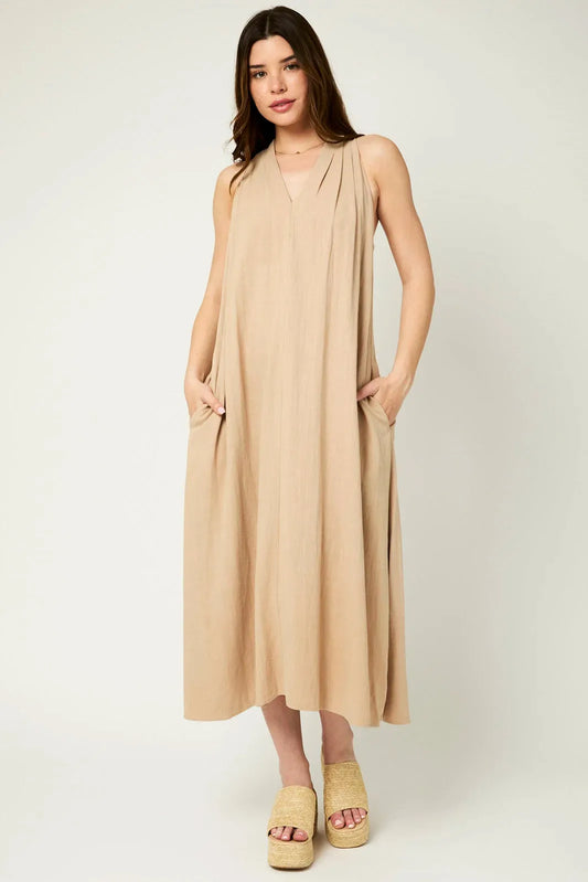 Pleated Shoulders Halter Side Pocket Maxi Dress - Tasha Apparel Wholesale