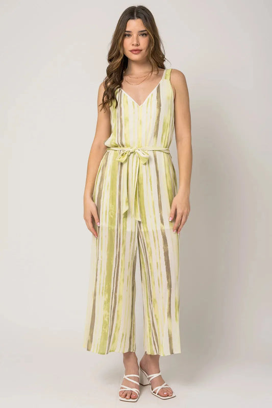 Sleeveless Waist Tie Wide Leg V-Neck Stripe Jumpsuit - Tasha Apparel Wholesale