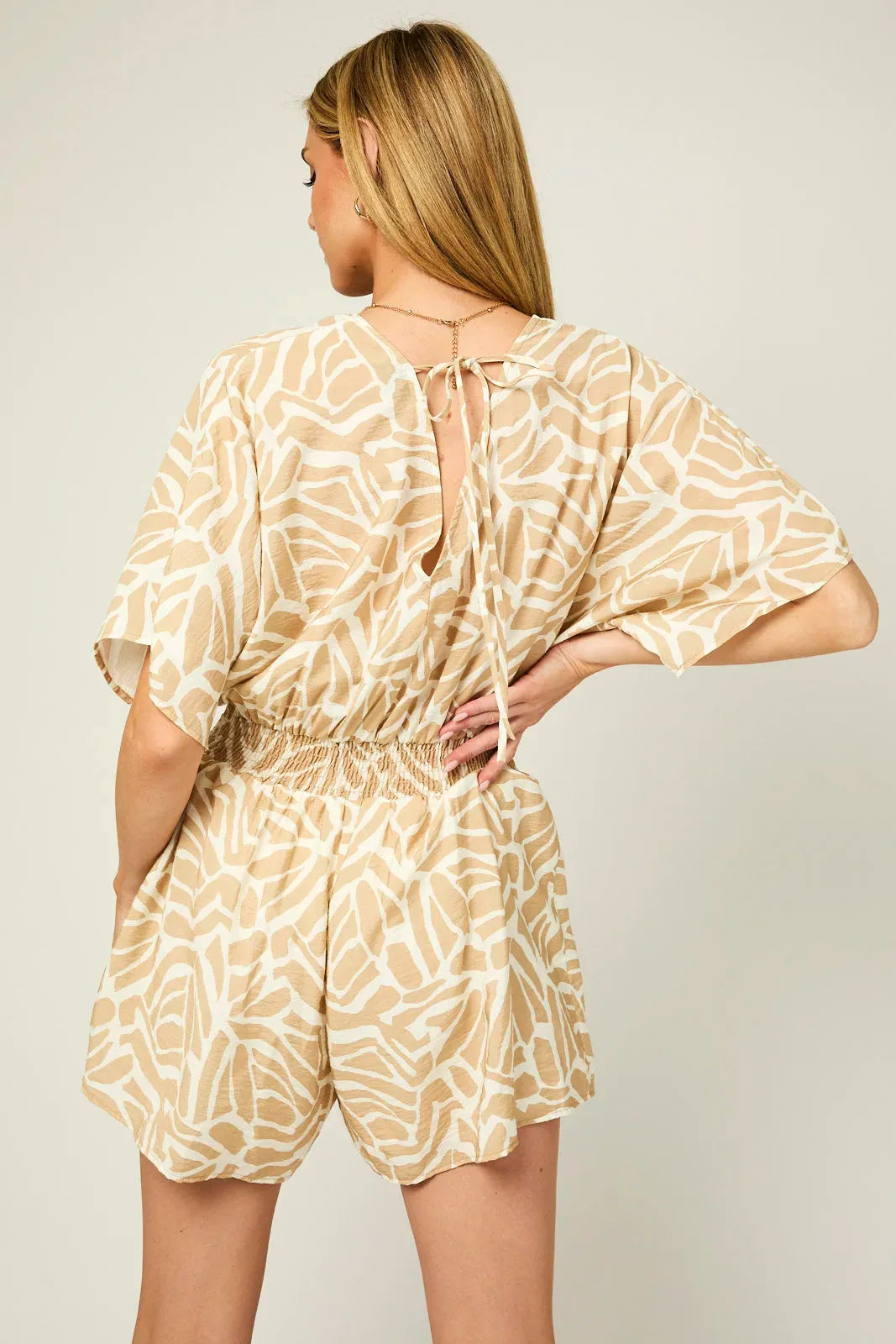 Kimono Sleeve V-Neck Pleated Smocking Abstract Romper - Tasha Apparel Wholesale