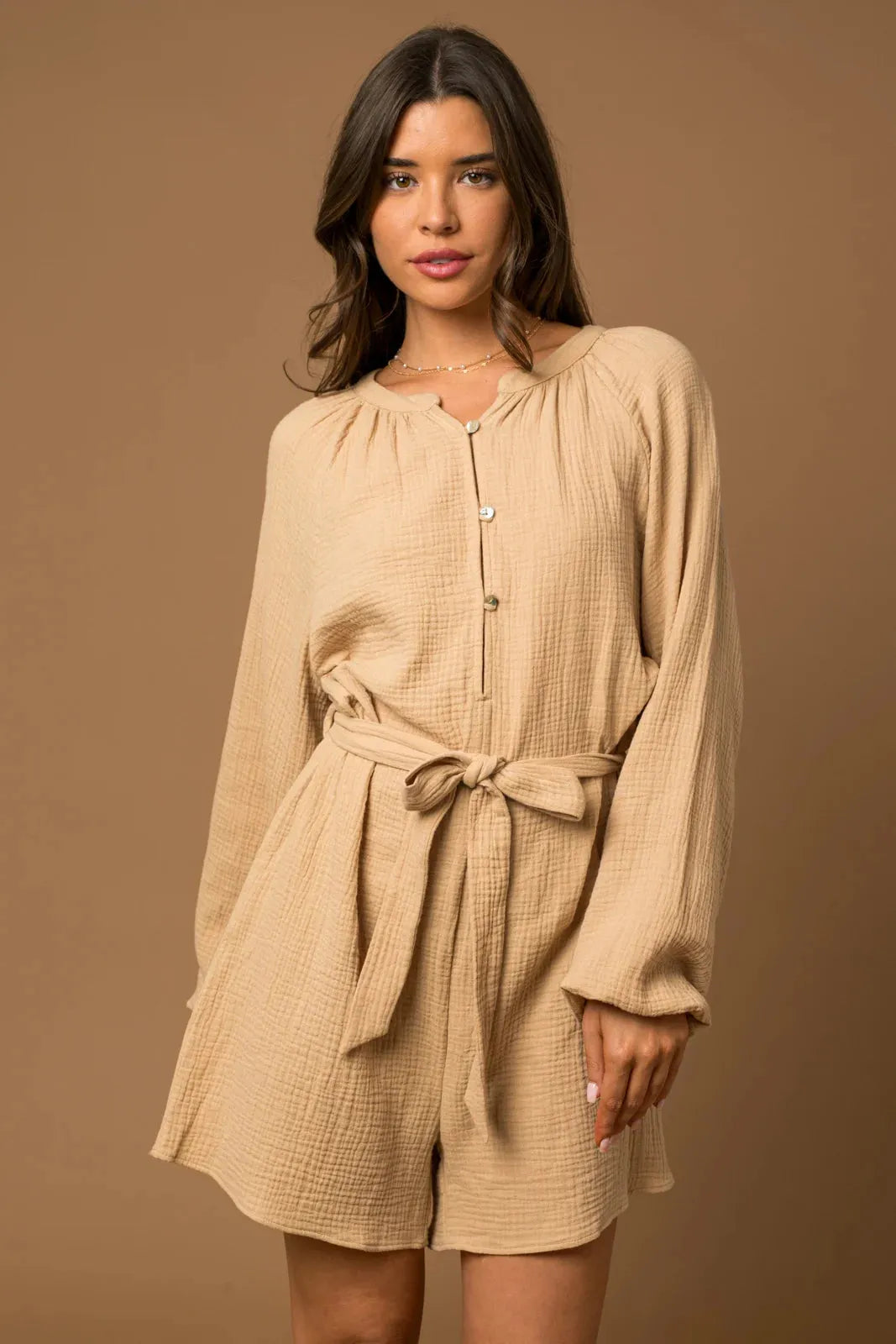 Cotton Front Tie Long Sleeve Rompers - Tasha Apparel Wholesale