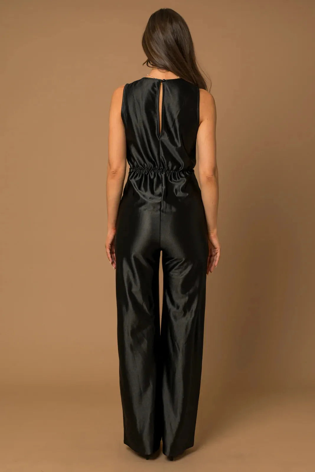 Satin Twisted Waist Wide Leg Sleeveless Jumpsuit - Tasha Apparel Wholesale
