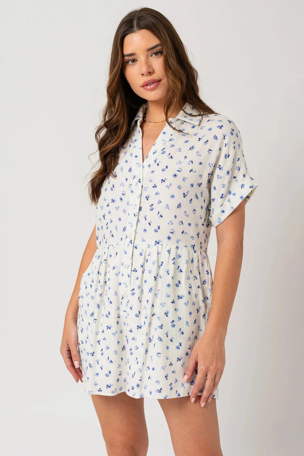 Short Sleeve Collar Button Down Ditsy Print Romper - Tasha Apparel Wholesale