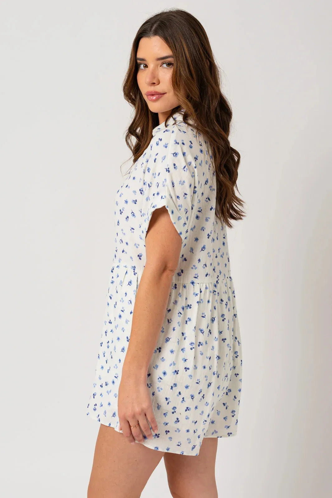 Short Sleeve Collar Button Down Ditsy Print Romper - Tasha Apparel Wholesale