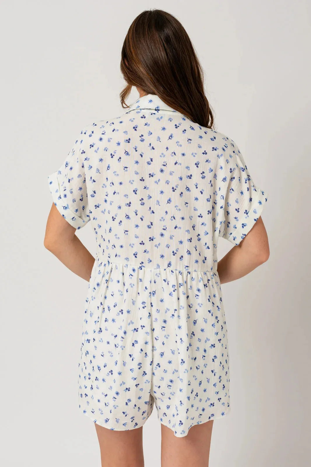 Short Sleeve Collar Button Down Ditsy Print Romper - Tasha Apparel Wholesale