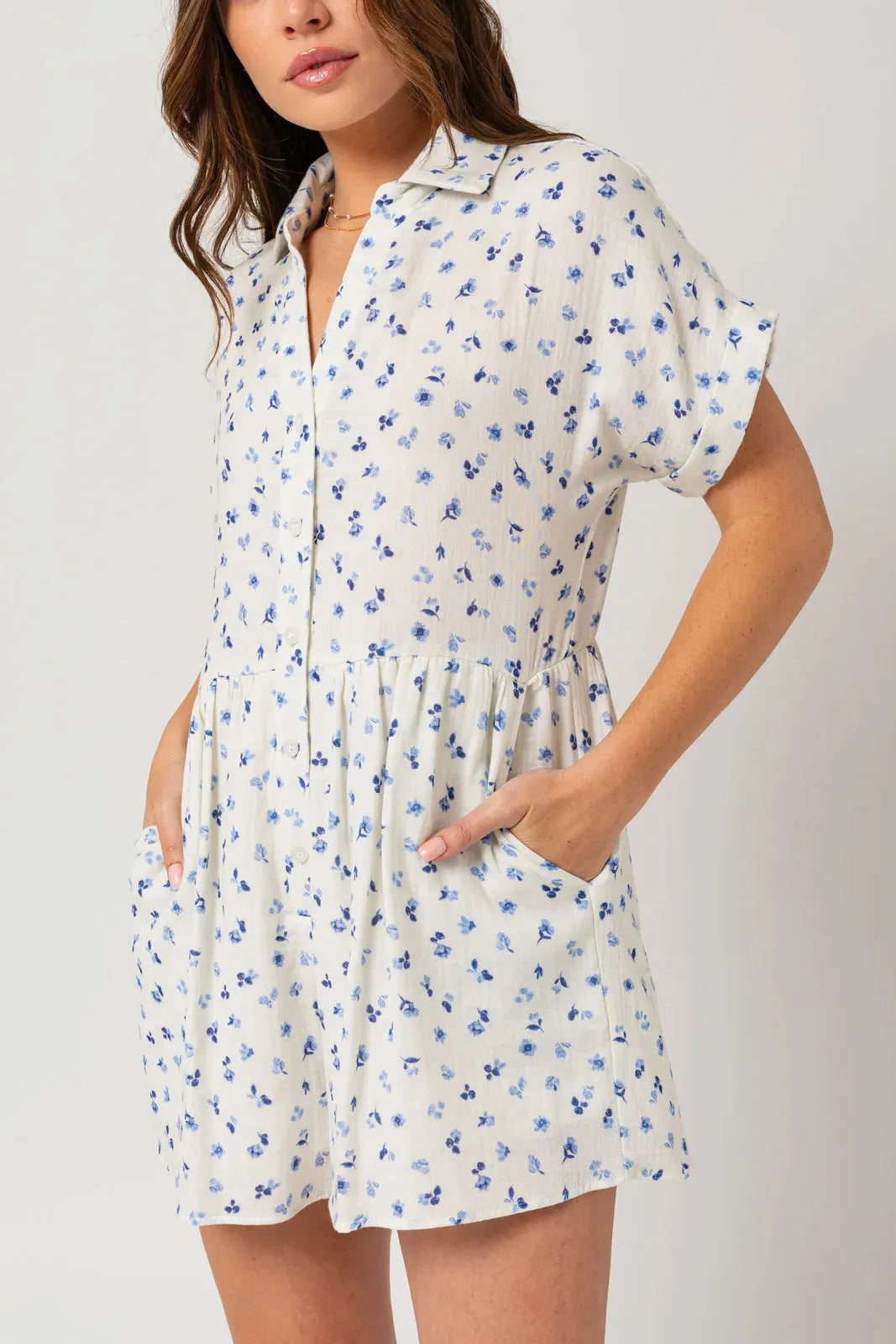 Short Sleeve Collar Button Down Ditsy Print Romper - Tasha Apparel Wholesale