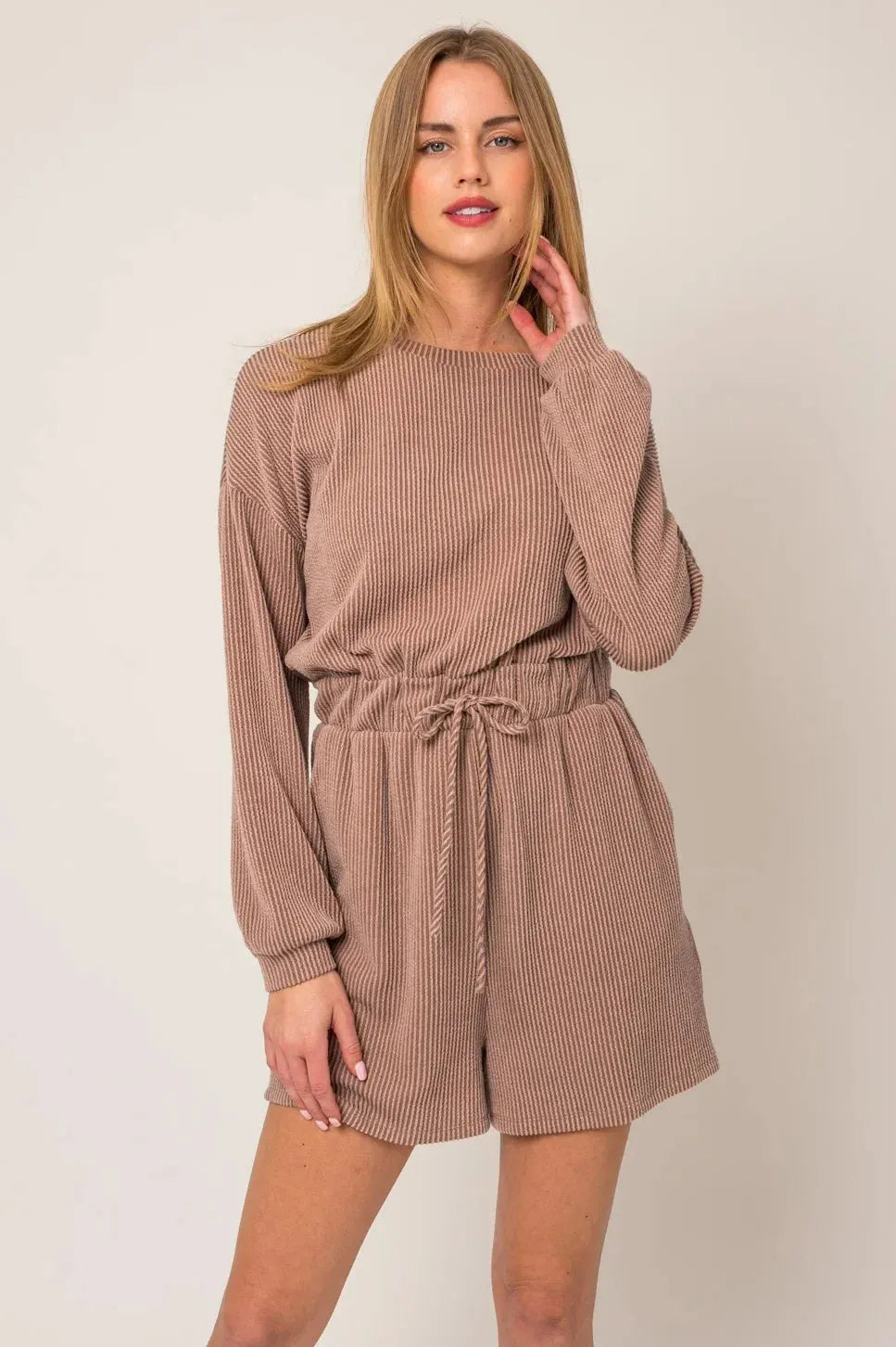 Ribbed Long Sleeve Front Tie Romper - Tasha Apparel Wholesale