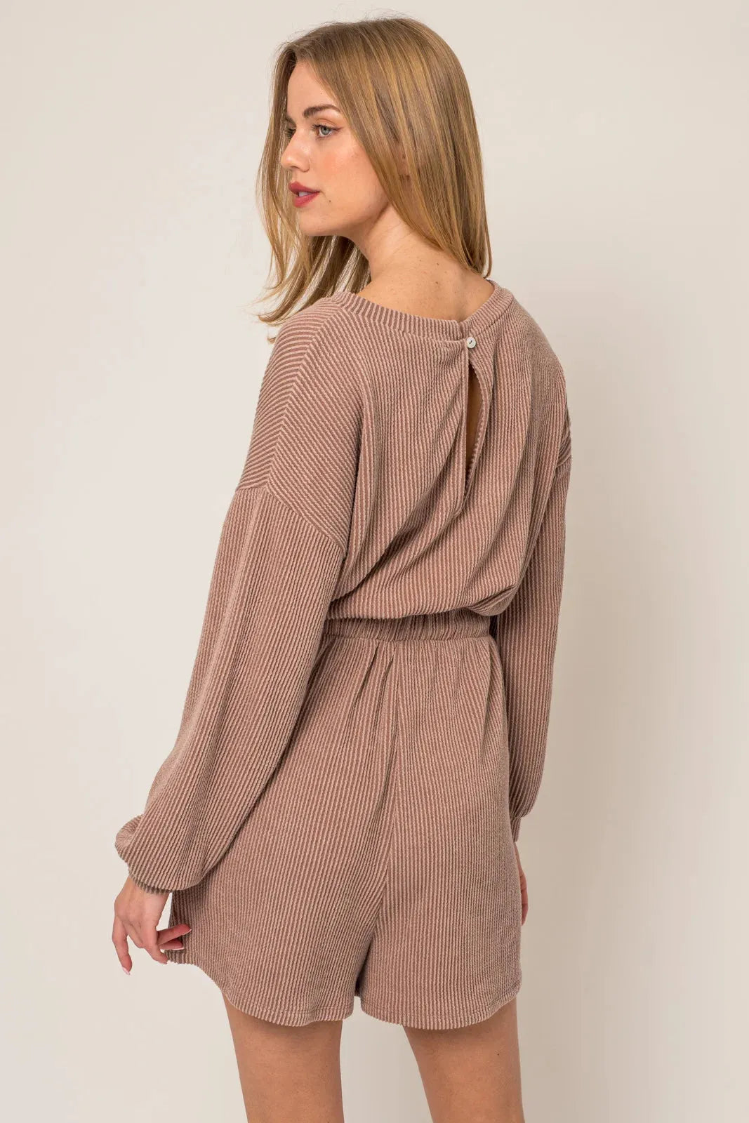 Ribbed Long Sleeve Front Tie Romper - Tasha Apparel Wholesale