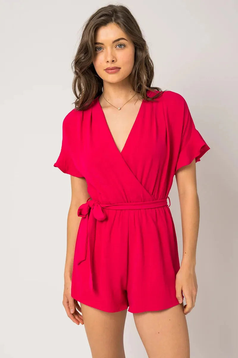 Short Ruffle Sleeve Surplice Waist Self Tie Romper - Tasha Apparel Wholesale