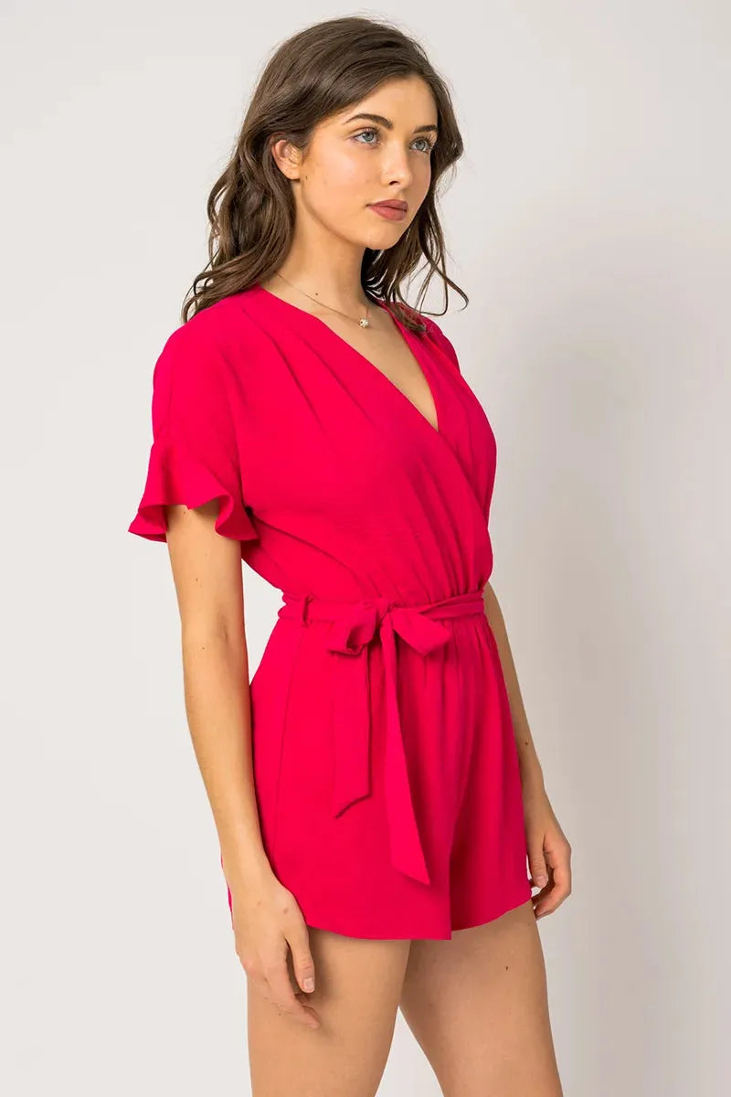 Short Ruffle Sleeve Surplice Waist Self Tie Romper - Tasha Apparel Wholesale
