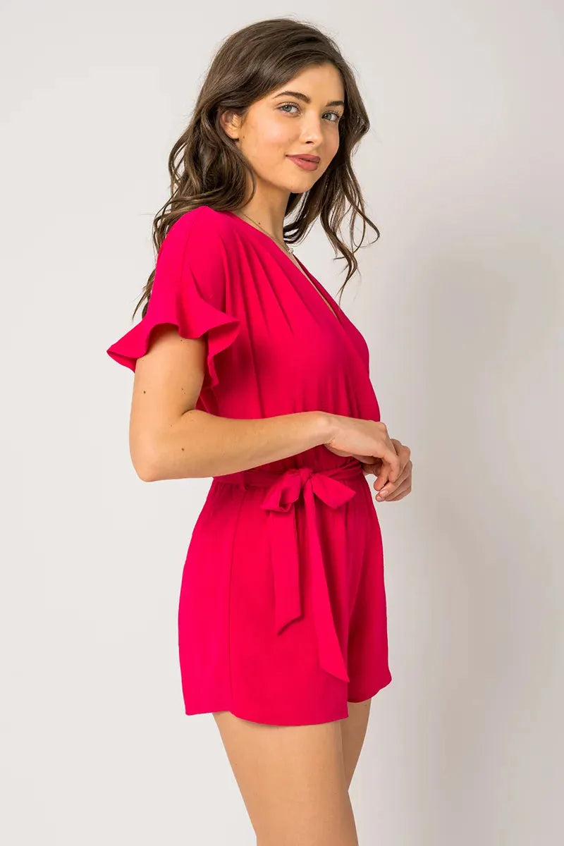 Short Ruffle Sleeve Surplice Waist Self Tie Romper - Tasha Apparel Wholesale