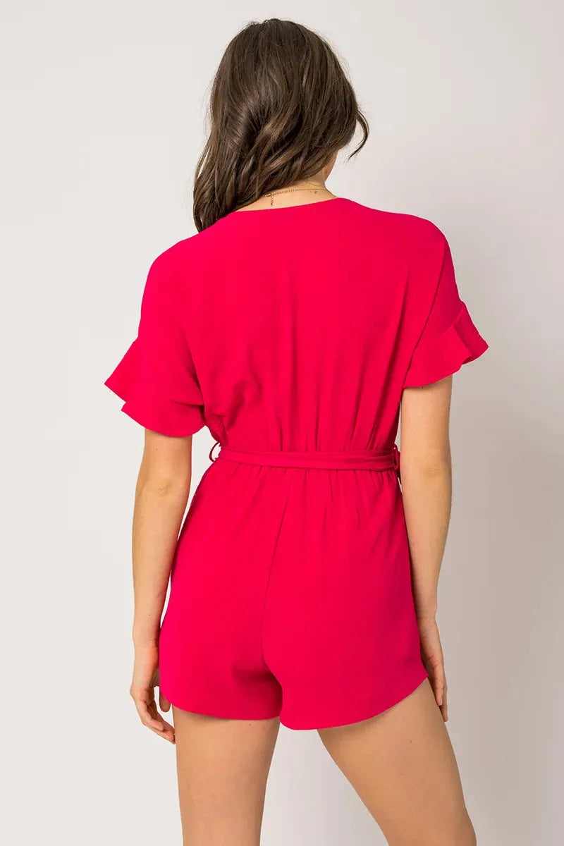 Short Ruffle Sleeve Surplice Waist Self Tie Romper - Tasha Apparel Wholesale