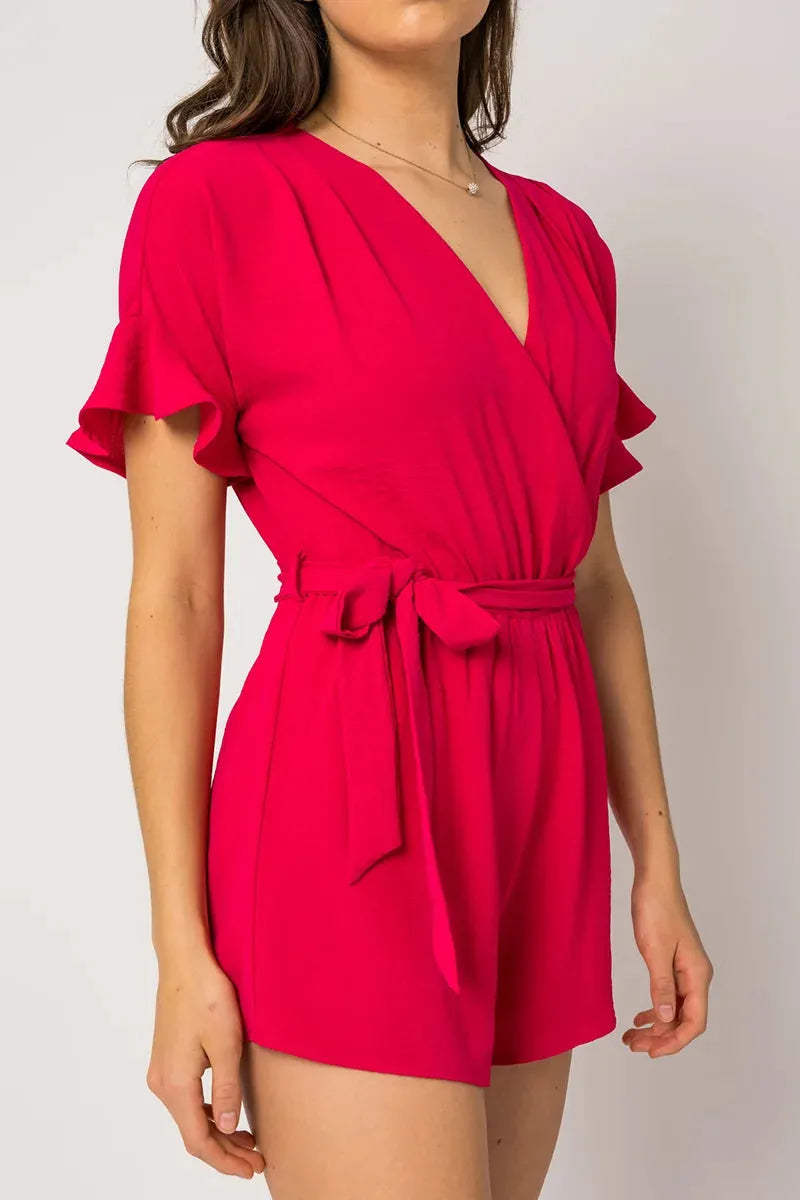 Short Ruffle Sleeve Surplice Waist Self Tie Romper - Tasha Apparel Wholesale