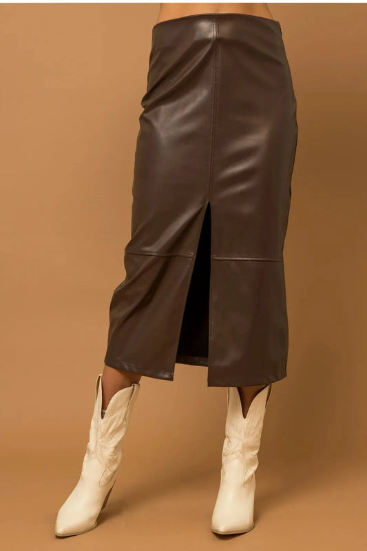 Faux Leather Front Slit Midi Skirt - Tasha Apparel Wholesale