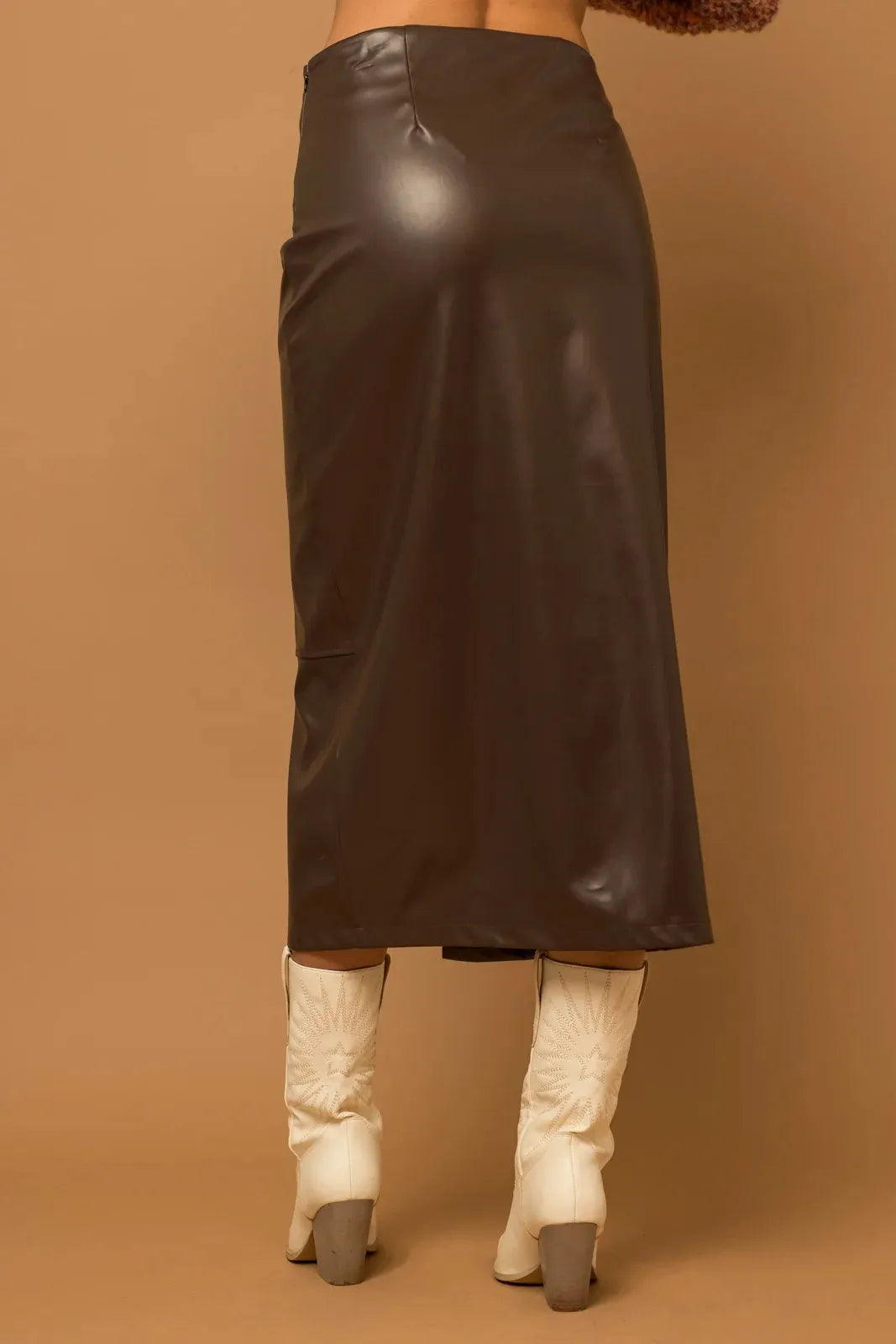 Faux Leather Front Slit Midi Skirt - Tasha Apparel Wholesale