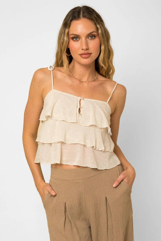Sleeveless Ruffle Tiered Button Cami Top - Tasha Apparel Wholesale