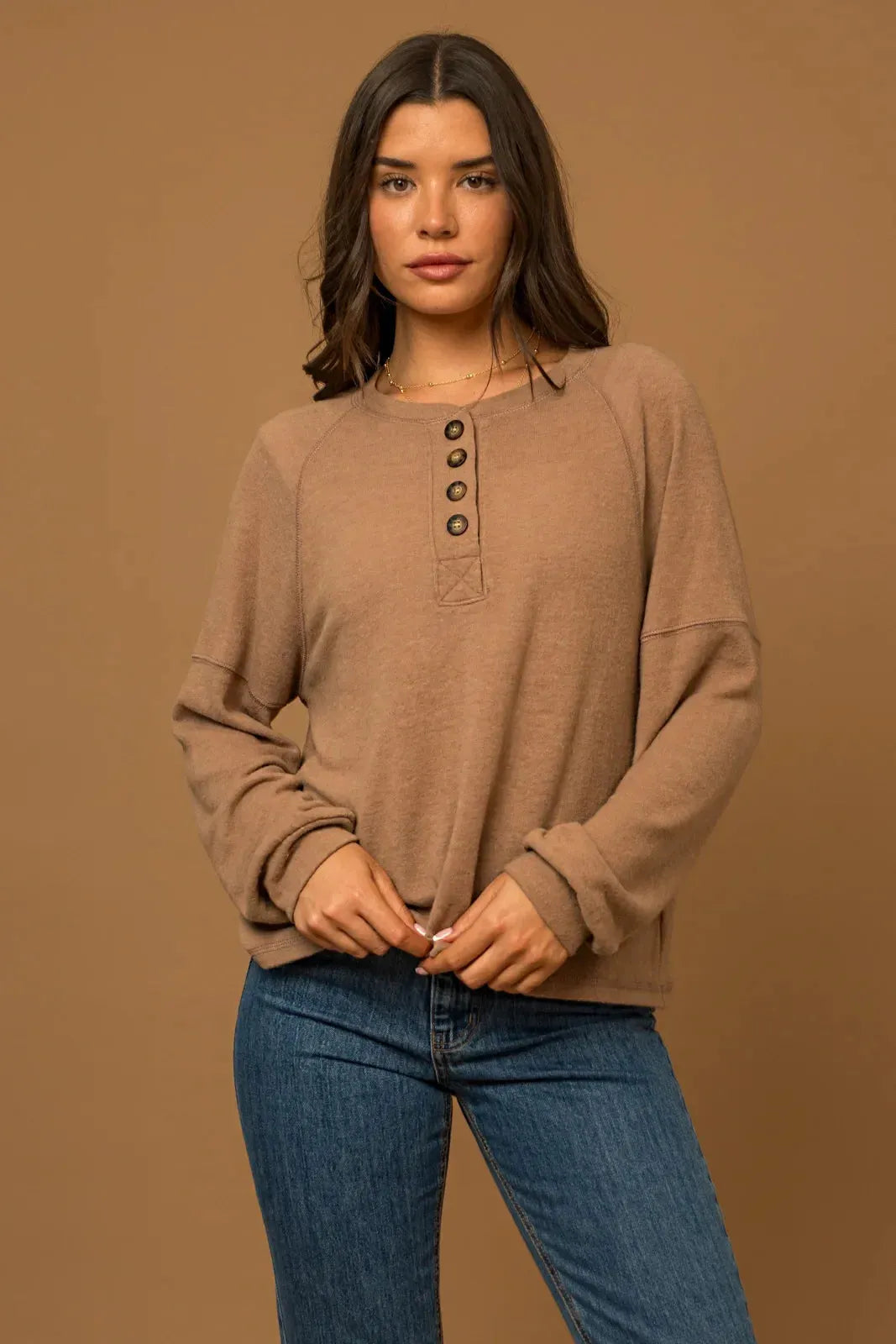 Soft Front Button Long Sleeve Top - Tasha Apparel Wholesale