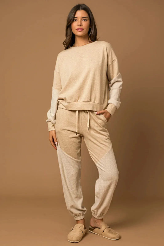 Color Block Cotton Sweatshirt & Jogger Pants Set - Tasha Apparel Wholesale