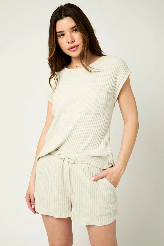 Ribbed Short Sleeve Single Pocket Top & Drawstring Shorts Set - Tasha Apparel Wholesale