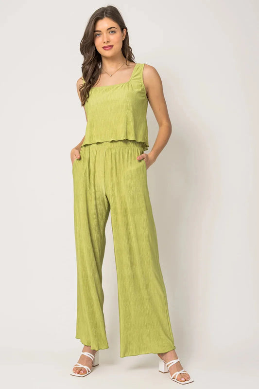 Plisse Sleeveless Crop Top & Flowy Pants Set - Tasha Apparel Wholesale