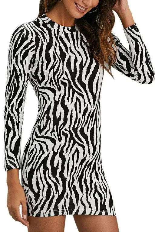 Zebra Print Long Sleeve Crew Neckline Mini Dress - Tasha Apparel Wholesale