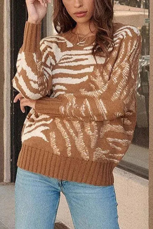 Rust Zebra Knit Square Neck Long Sleeve Sweater - Tasha Apparel Wholesale