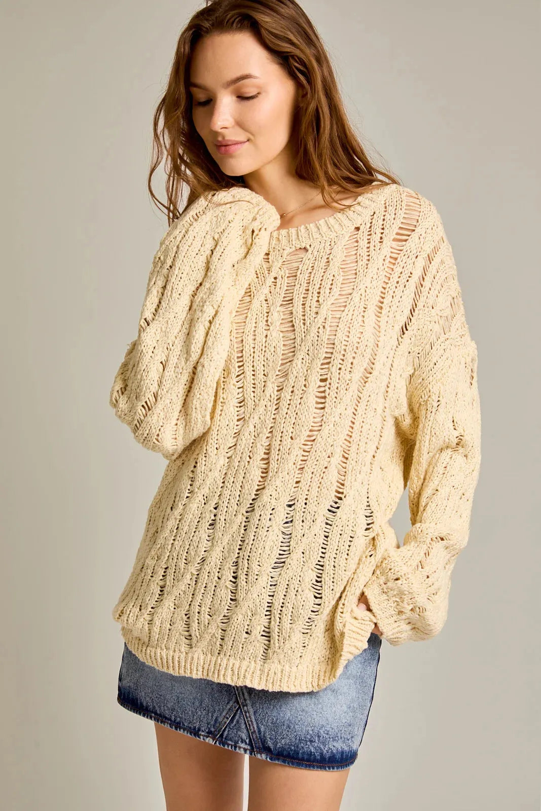 Long Sleeve Round Neckline Relax Crochet Sweater - Tasha Apparel Wholesale