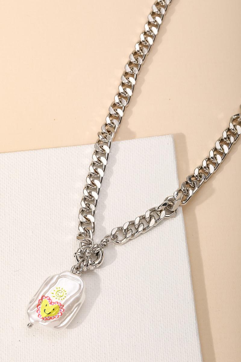 Smiling Heart Print Pearl Pendant Chain Necklace - Tasha Apparel Wholesale