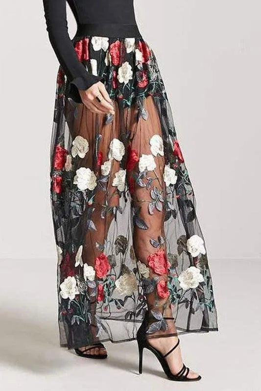 Black Floral Embroidered Mesh Maxi Skirt - Tasha Apparel Wholesale
