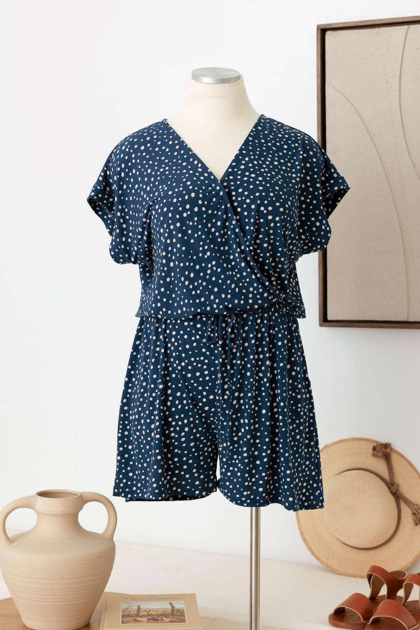 Plus Size Polka Dot Short Sleeve Adjustable Belt Warp Romper - Tasha Apparel Wholesale
