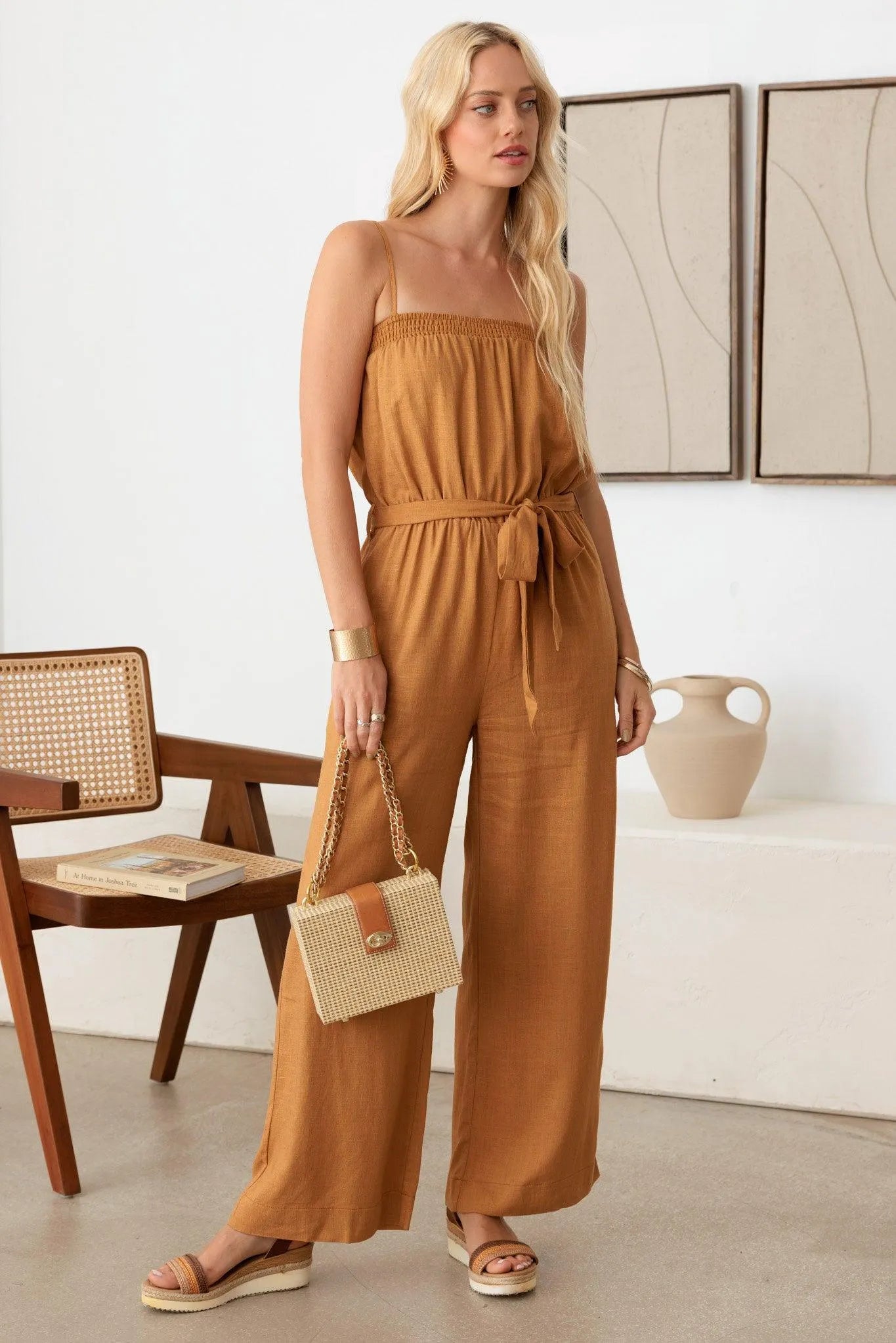 Tie Waist Linen Smocked Neck-Line Jumpsuit - Tasha Apparel Wholesale