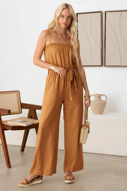 Tie Waist Linen Smocked Neck-Line Jumpsuit - Tasha Apparel Wholesale