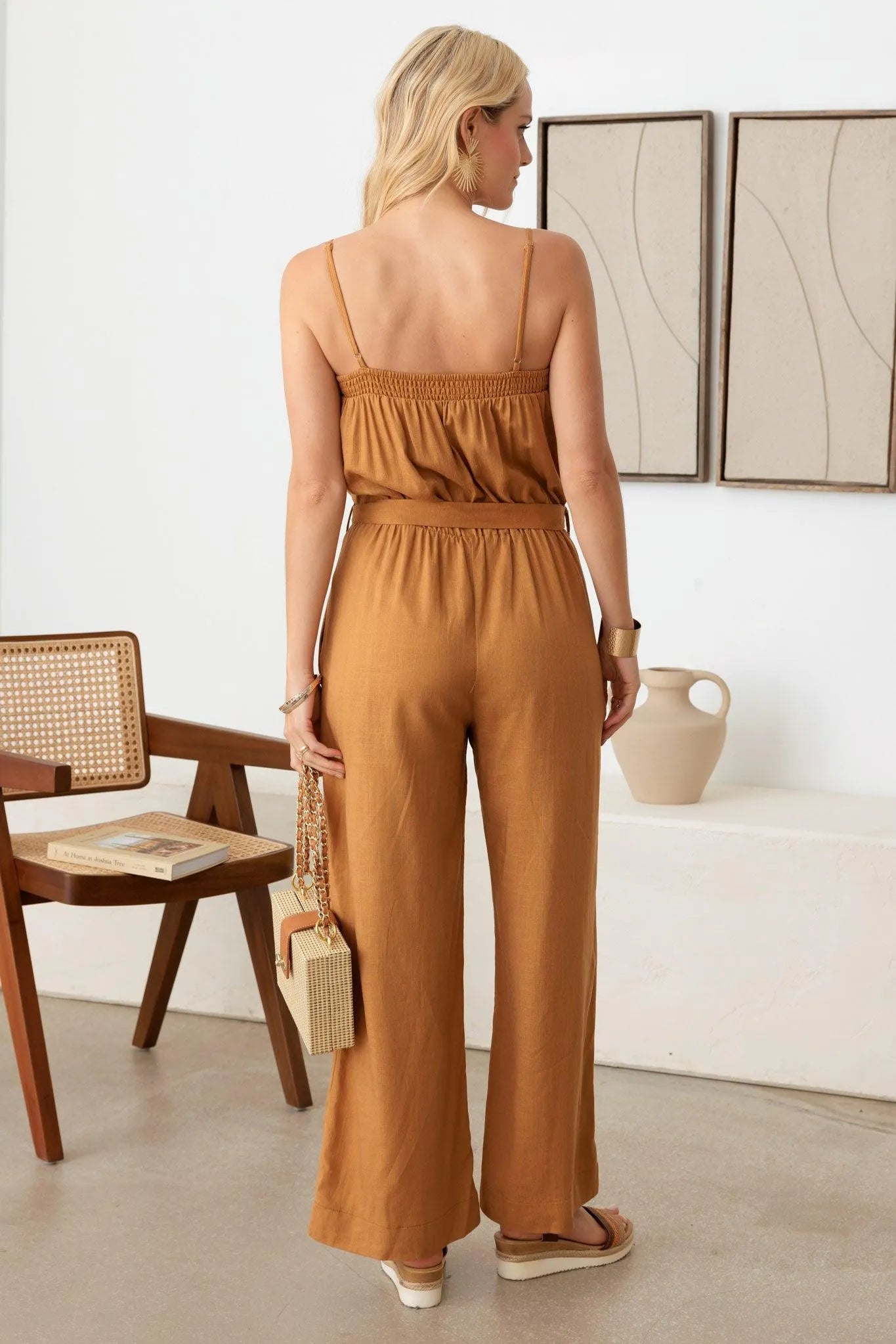 Tie Waist Linen Smocked Neck-Line Jumpsuit - Tasha Apparel Wholesale