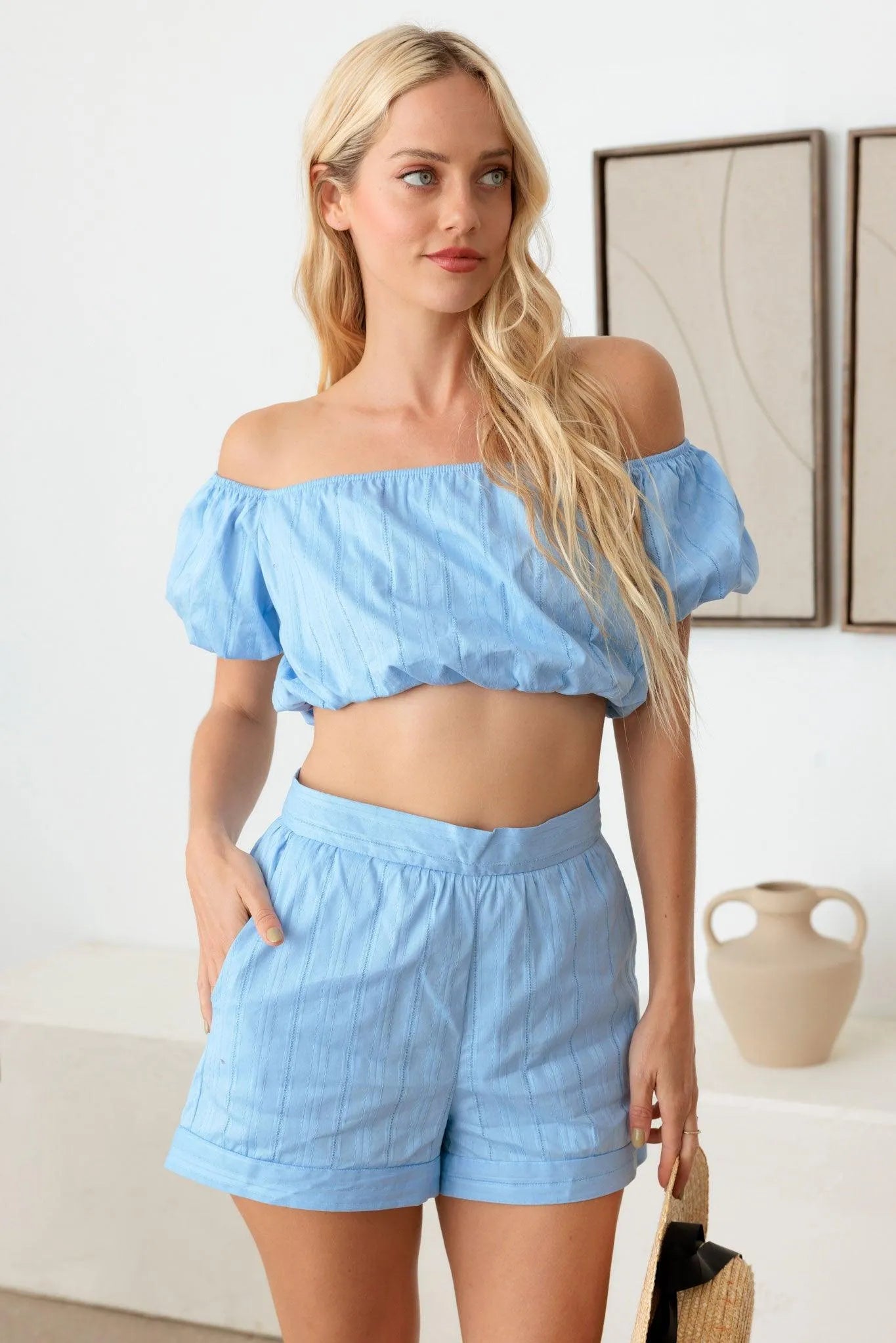 Off Shoulder Crop Top & High Waist Shorts Set - Tasha Apparel Wholesale