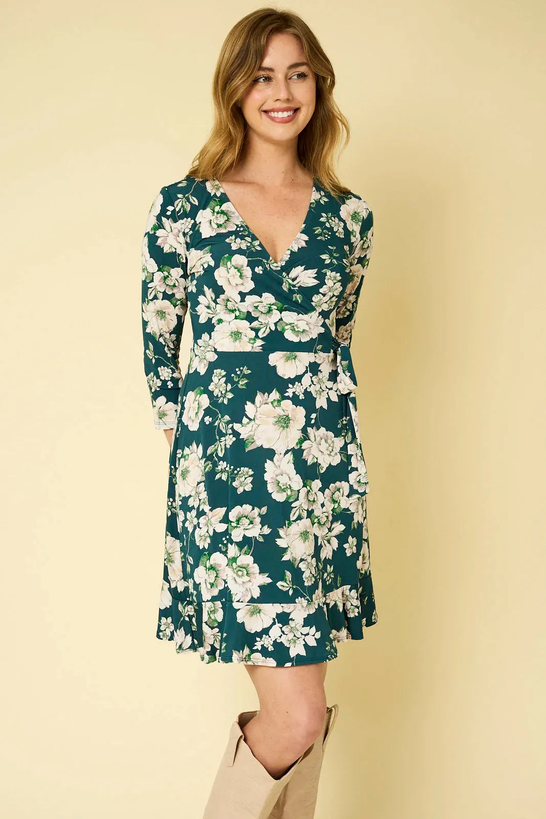 Floral Wrap Tie 3/4 Sleeve V Neck Mini Dress - Tasha Apparel Wholesale