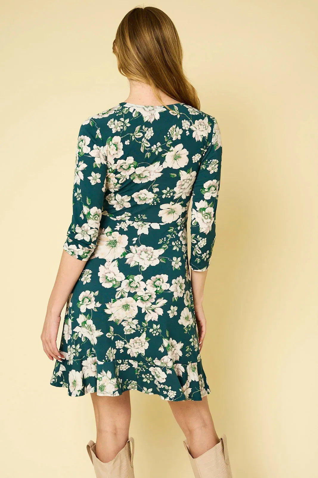 Floral Wrap Tie 3/4 Sleeve V Neck Mini Dress - Tasha Apparel Wholesale