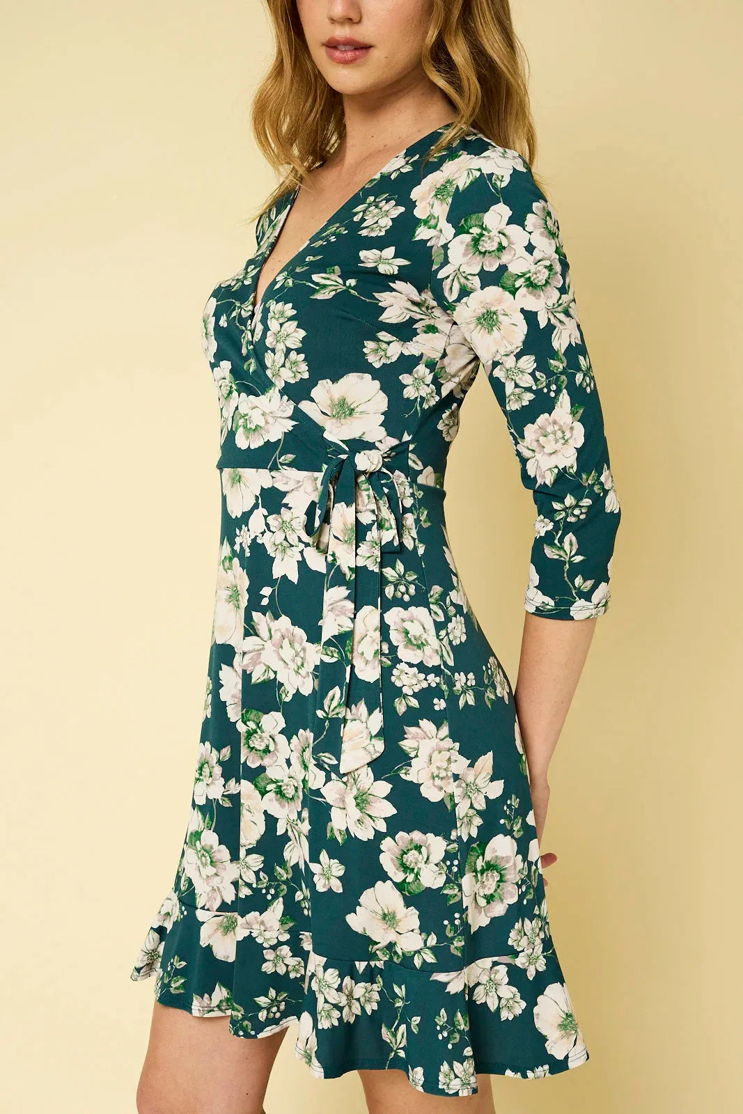 Floral Wrap Tie 3/4 Sleeve V Neck Mini Dress - Tasha Apparel Wholesale