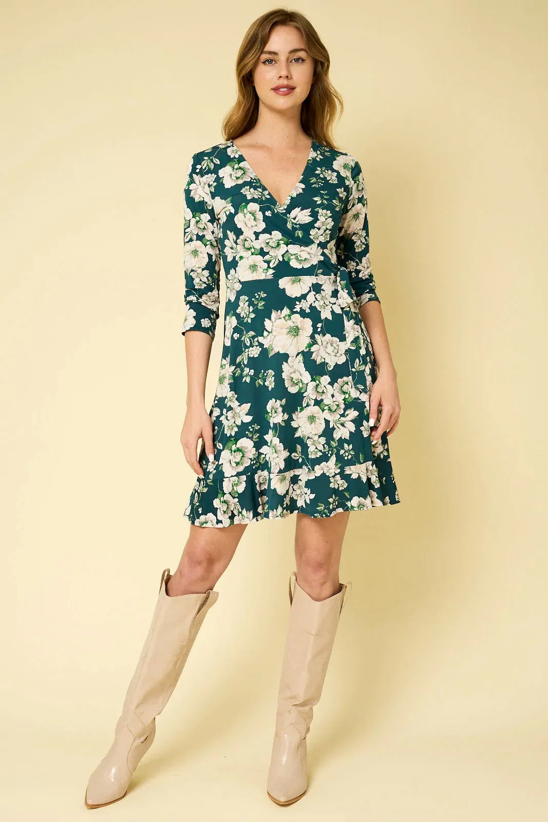 Floral Wrap Tie 3/4 Sleeve V Neck Mini Dress - Tasha Apparel Wholesale