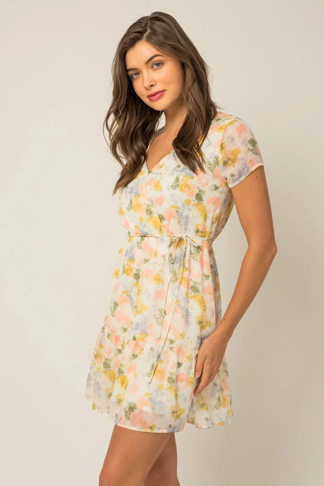 Wrap Side Tie Ruffle Hem Floral Print Dress - Tasha Apparel Wholesale