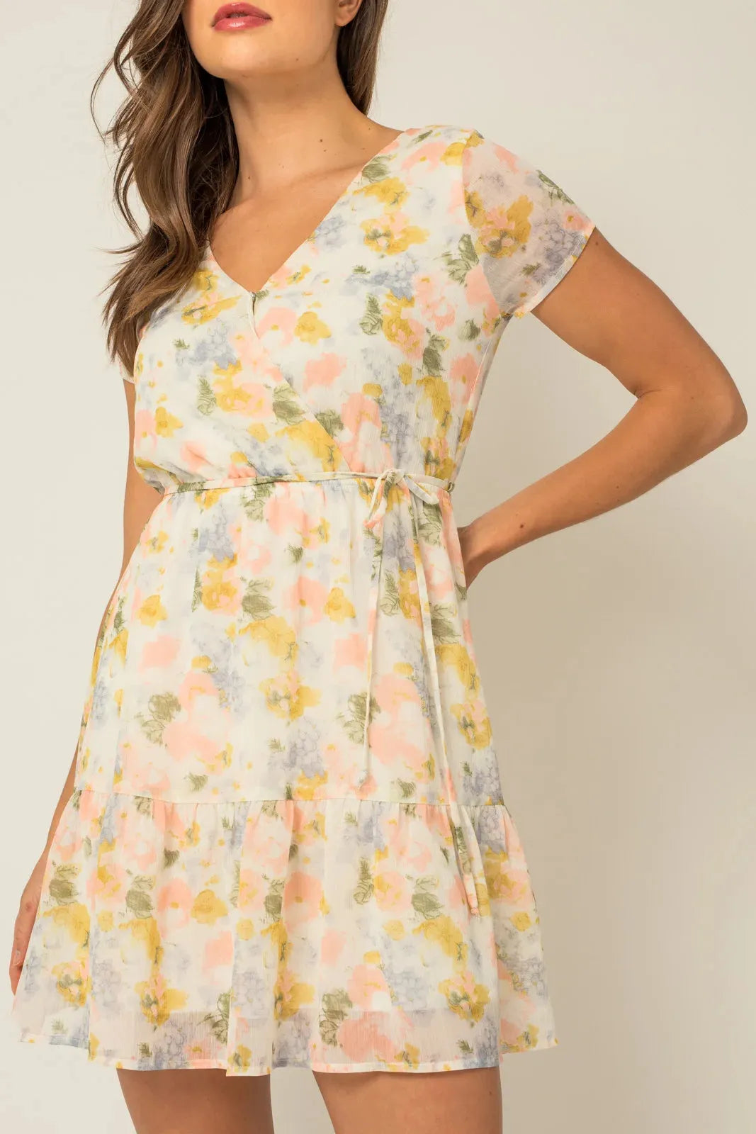 Wrap Side Tie Ruffle Hem Floral Print Dress - Tasha Apparel Wholesale