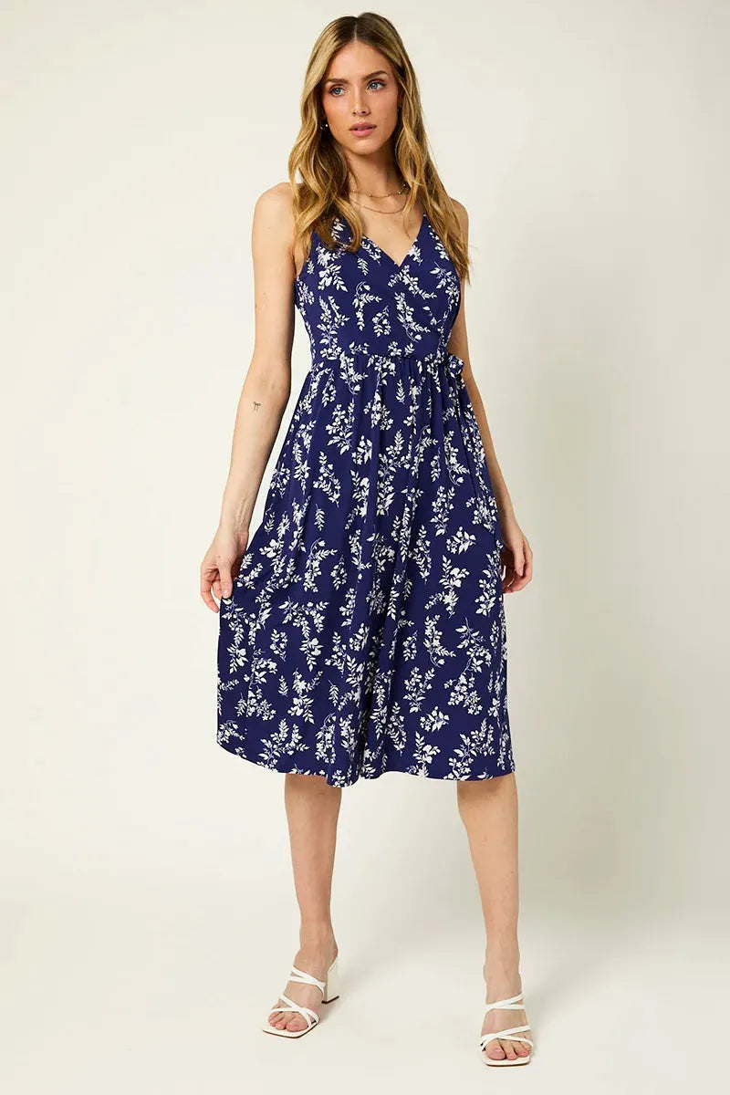 Sleeveless Spaghetti Strap Wrap Floral Midi Dress - Tasha Apparel Wholesale