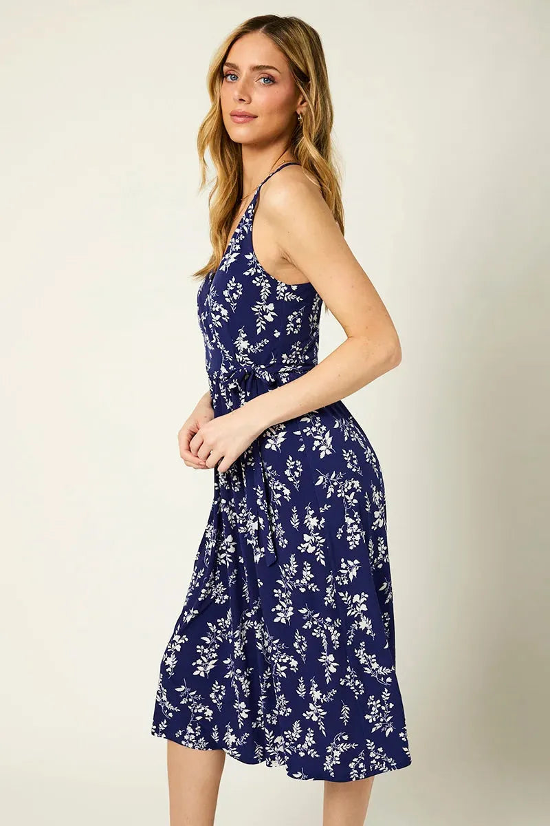 Sleeveless Spaghetti Strap Wrap Floral Midi Dress - Tasha Apparel Wholesale