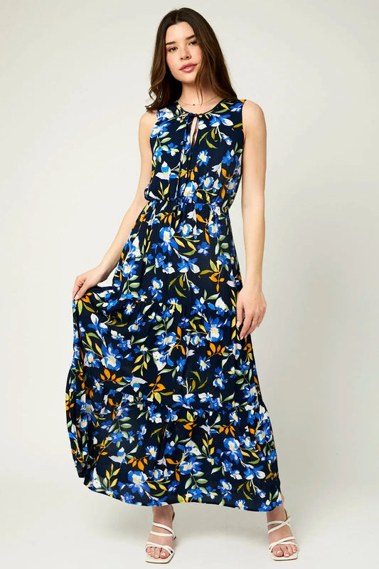 Floral Sleeveless Front Self Tie Maxi Dress - Tasha Apparel Wholesale