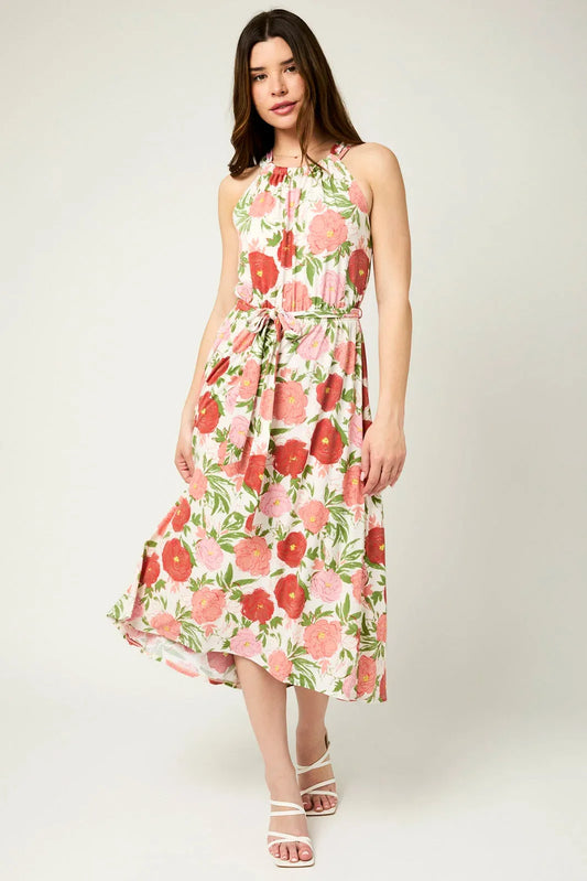 Floral Halter Front Tie Back Keyhole Midi Dress - Tasha Apparel Wholesale