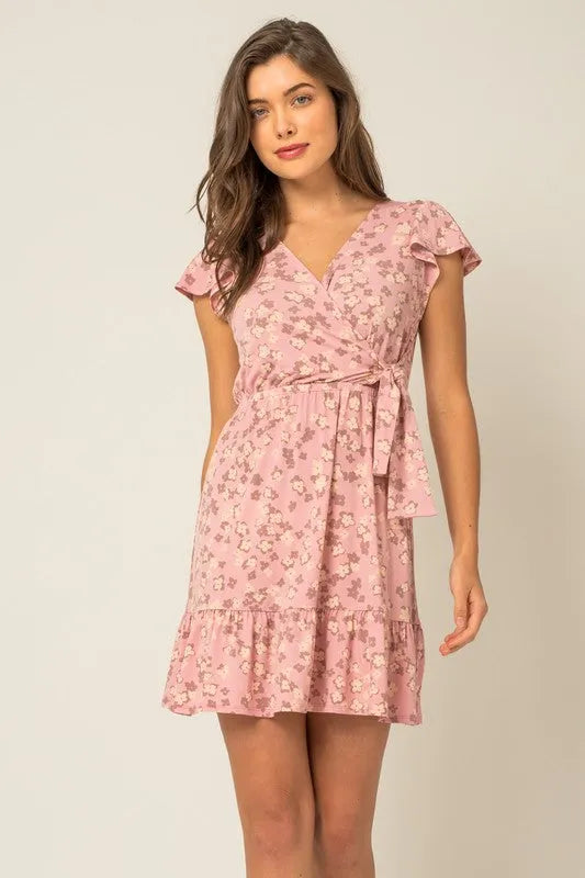 Short Ruffle Sleeve Wrap Shirring Floral Mini Dress - Tasha Apparel Wholesale