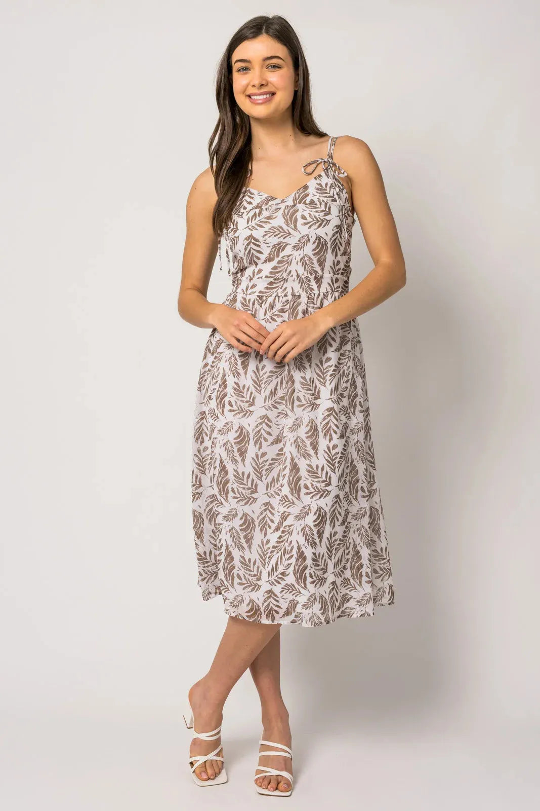 Smocked Back Tie Strap Leaf Pattern Midi Dress - Tasha Apparel Wholesale