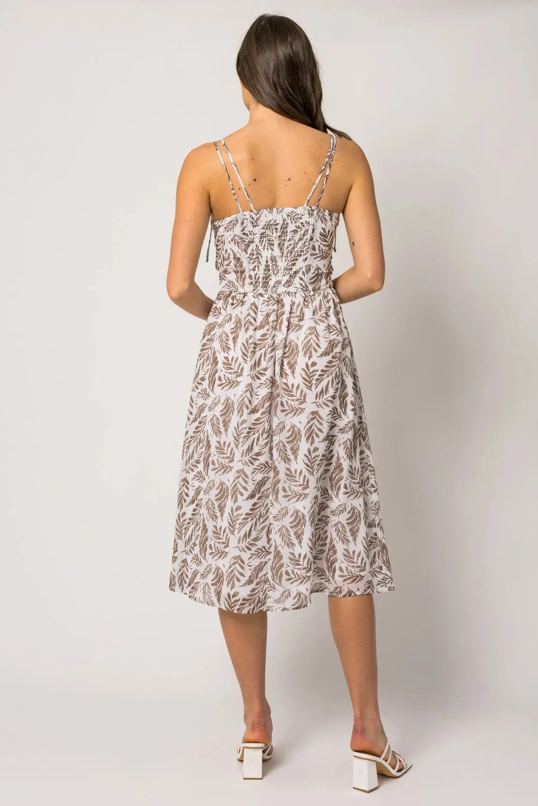 Smocked Back Tie Strap Leaf Pattern Midi Dress - Tasha Apparel Wholesale
